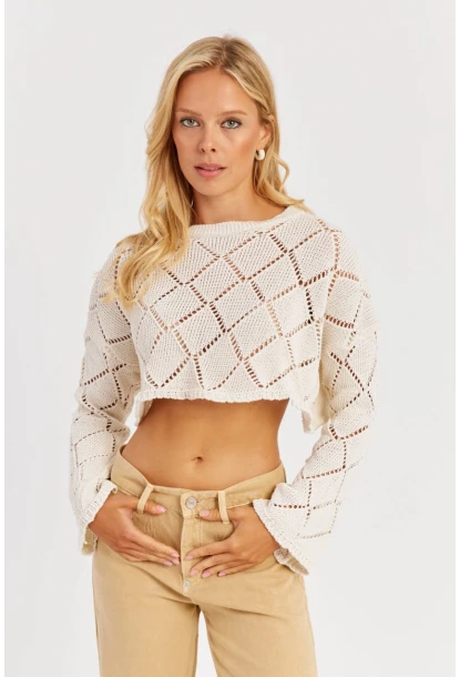 Kadın Ekru Ajurlu Kısa Triko Bluz YZ628