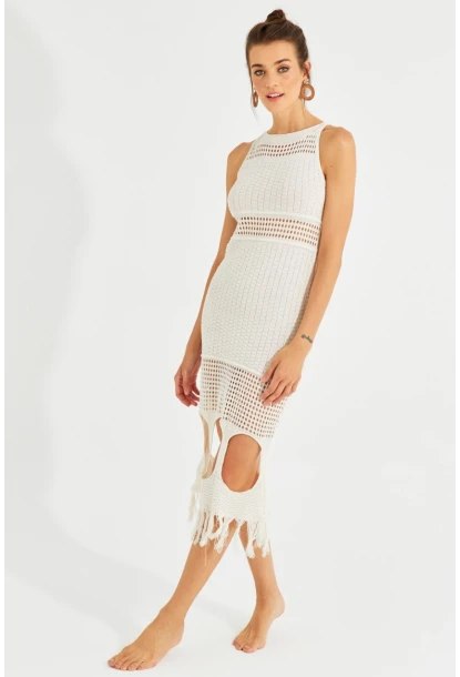Kadın Ekru Ajurlu Maxi Plaj Elbisesi KZ521