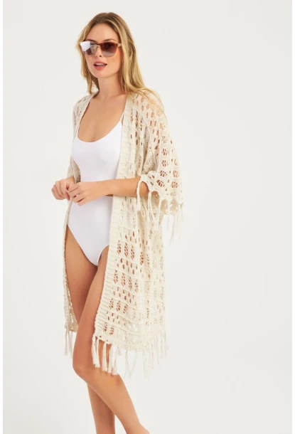 Kadın Ekru Ajurlu Püsküllü Hırka YV224