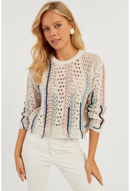 Kadın Ekru Ajurlu Renkli Triko Bluz MİW2761