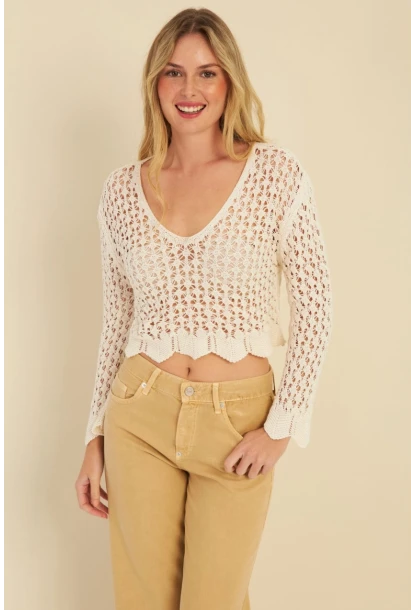 Kadın Ekru Ajurlu Triko Bluz MZU603