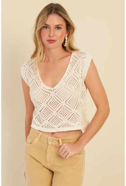Kadın Ekru Ajurlu Triko Bluz MZU606