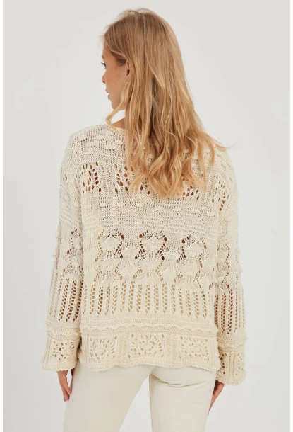 Kadın Ekru Ajurlu Triko Bluz YZ620