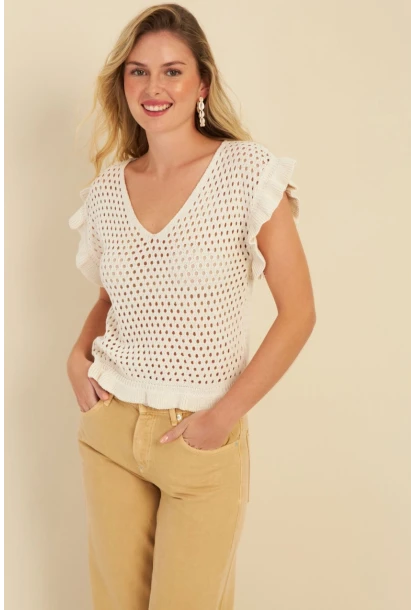 Kadın Ekru Ajurlu Triko Bluz ZU607