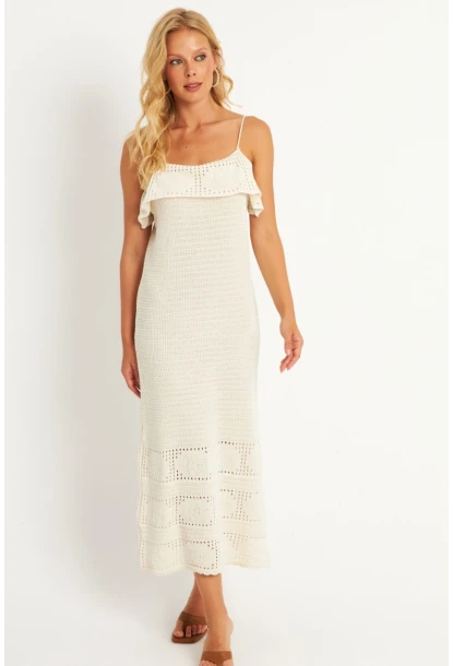 Kadın Ekru Ajurlu Triko Midi Elbise HC1569