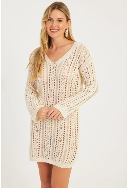 Kadın Ekru Ajurlu Triko Mini Elbise MZU605