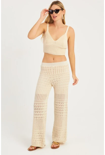 Kadın Ekru Ajurlu Triko Pantolon YZ3062