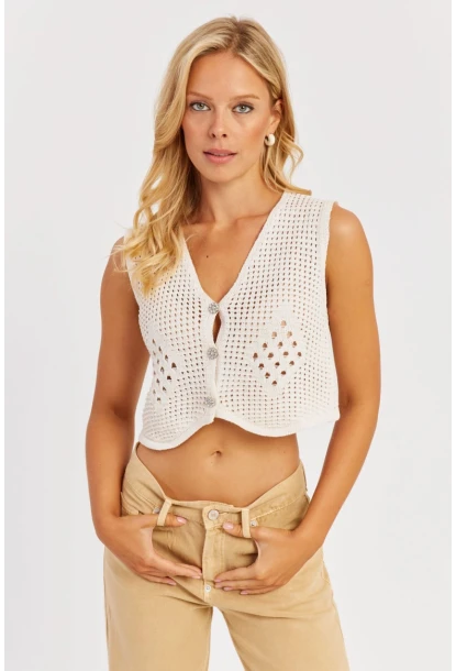 Kadın Ekru Ajurlu Triko Yelek YZ627