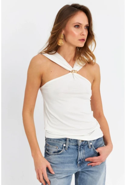 Kadın Ekru Aksesuarlı Çapraz Yaka Bluz EY3068