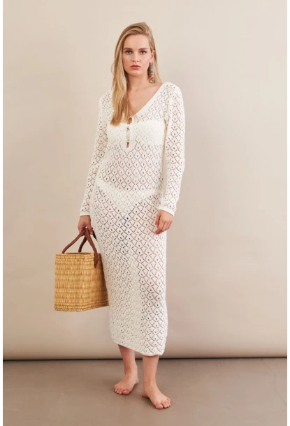 Kadın Ekru Aksesuarlı Triko Plaj Elbisesi KZ3237-90