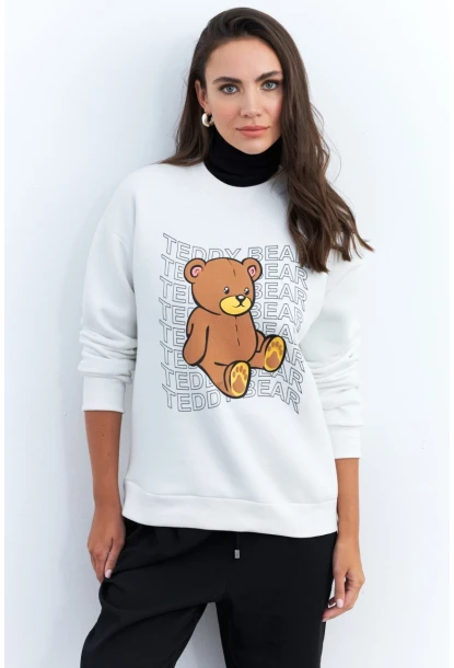 Kadın Ekru Ayıcık Baskılı Sweatshirt ZM288
