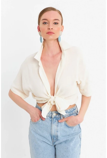Kadın Ekru Bağlamalı Keten Bluz BTH16