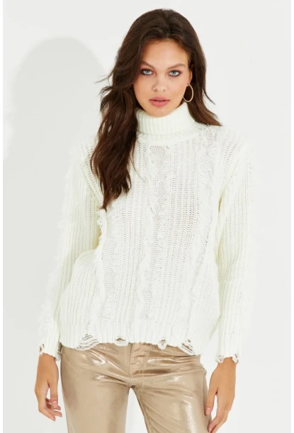 Kadın Ekru Balıkçı Yaka Püsküllü Triko Kazak KZ2471