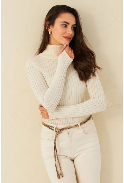 Kadın Ekru Balıkçı Yaka Triko Bluz YV102-90