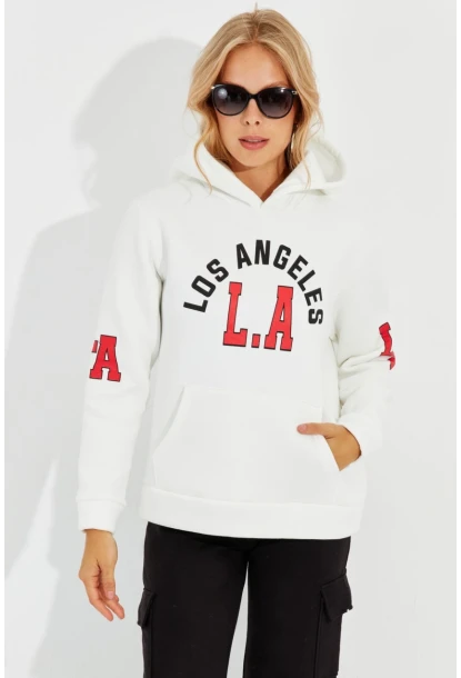 Kadın Ekru Baskılı Kapüşonlu Sweatshirt DA146