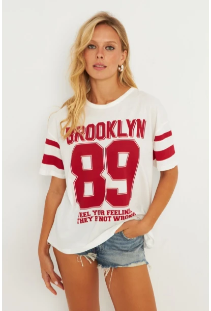 Kadın Ekru Baskılı T-Shirt AYD323