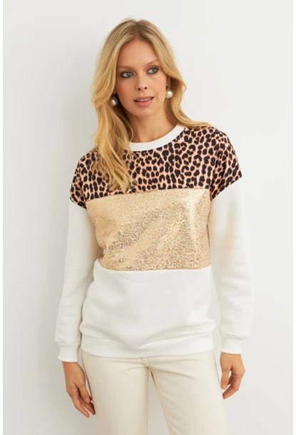 Kadın Ekru Bloklu Sweatshirt MST098
