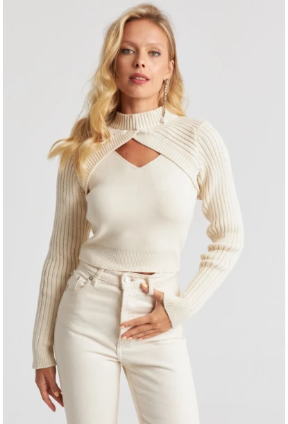 Kadın Ekru Bolerolu Triko Takım YZ524