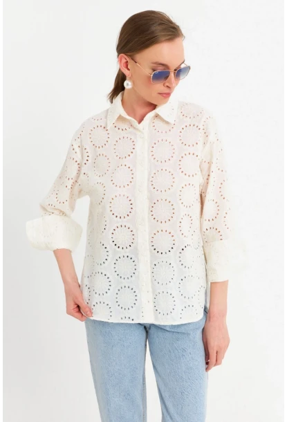 Kadın Ekru Brode Gömlek MCAR1144