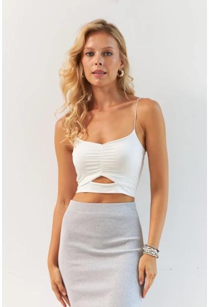 Kadın Ekru Büzgülü Crop Bluz MSH125