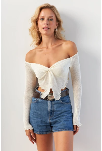 Kadın Ekru Büzgülü File Bluz OW146