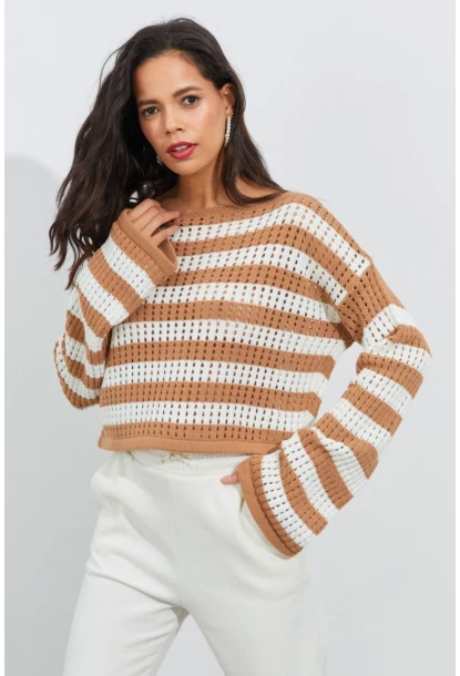Kadın Ekru-Camel İspanyol Kol Ajurlu Triko Kısa Bluz YV109