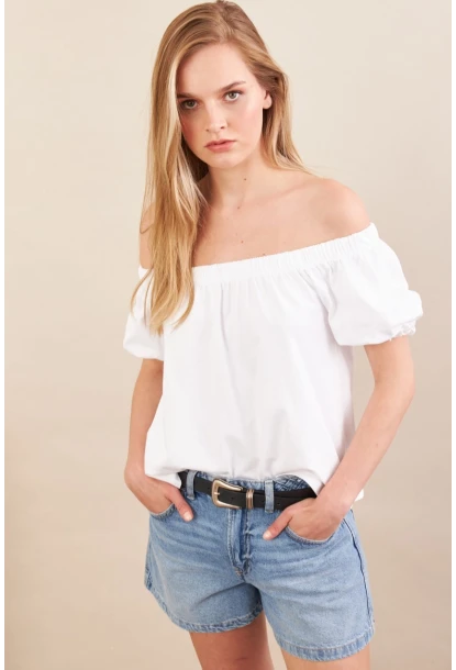 Kadın Ekru Carmen Yaka Balon Kol Bluz SAN106