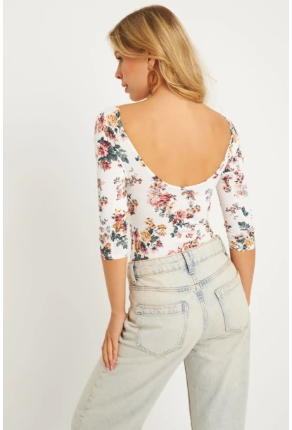 Kadın Ekru Çiçek Desenli Çıtçıtlı Body RK40