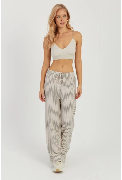 Kadın Ekru Çizgili Keten Pantolon Q986