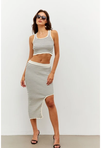Kadın Ekru Çizgili Yırtmaçlı Alt Üst Takım KZ2468