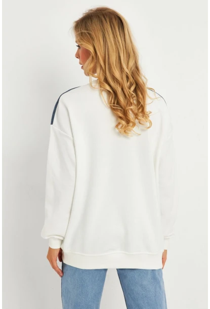 Kadın Ekru Denim Bloklu Sweatshirt PKA808