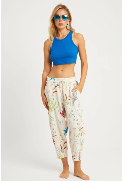 Kadın Ekru Desenli Keten Şalvar Pantolon K1253