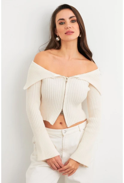 Kadın Ekru Devrik Yaka Kısa Hırka TEM103