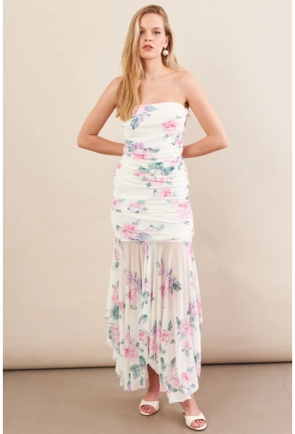 Kadın Ekru Drapeli Straplez Midi Tül Elbise ERL101