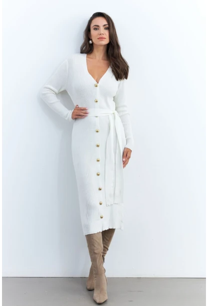Kadın Ekru Düğme Detaylı Kuşaklı Midi Elbise MŞ1