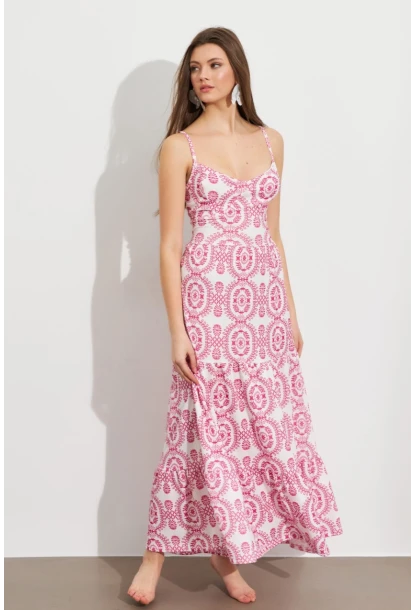 Kadın Ekru-Fuşya Sırt Dekolteli Desenli Maxi Elbise LİT110