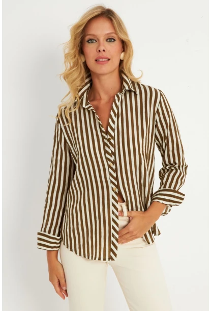 Kadın Ekru-Haki Çizgili Gömlek KED709