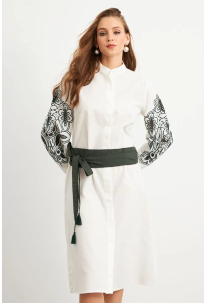 Kadın Ekru-Haki Nakış Detaylı Keten Gömlek Elbise MQS1839-90