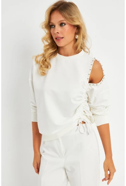 Kadın Ekru İnci Detaylı Büzgülü Sweatshirt RLO04