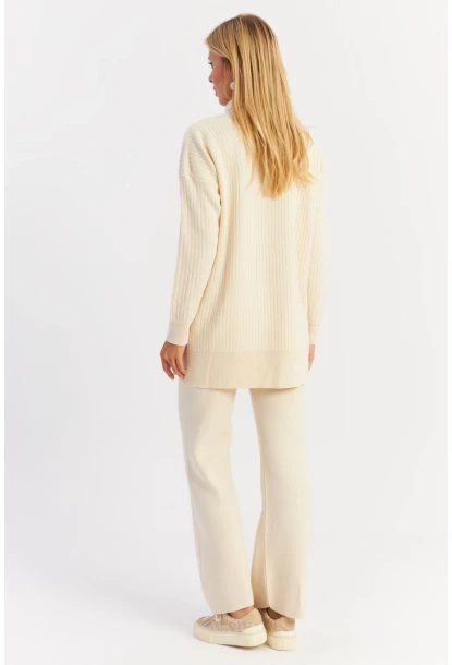 Kadın Ekru İnci Düğmeli Hırka Triko Alt Üst Takım MNUV26