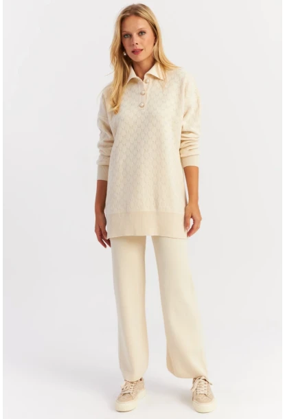 Kadın Ekru İnci Düğmeli Triko Alt Üst Takım NUV33