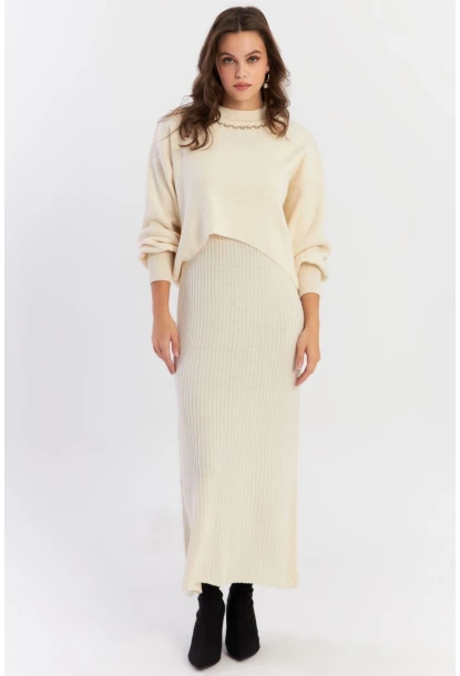 Kadın Ekru İncili Alt Üst Triko Takım NUV37