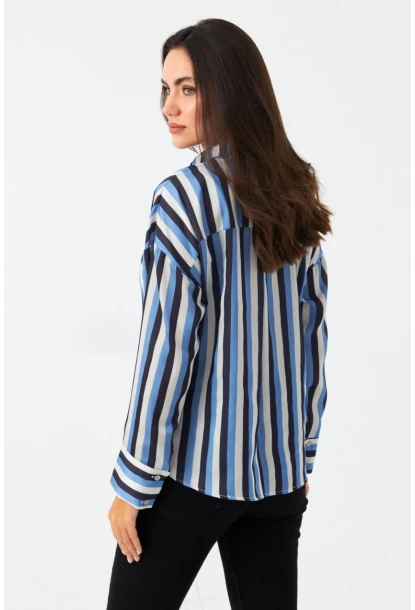 Kadın Ekru-İndigo Desenli Saten Gömlek MSHR500