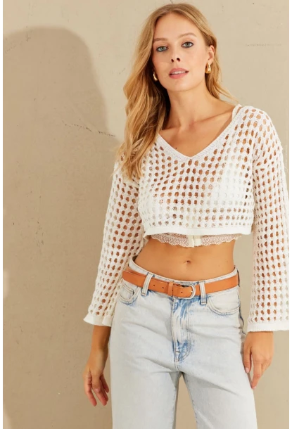 Kadın Ekru İspanyol Kol Ajurlu Triko Bluz YV203