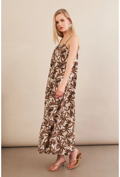 Kadın Ekru-Kahve Boyun Bağlamalı Midi Elbise AN6005