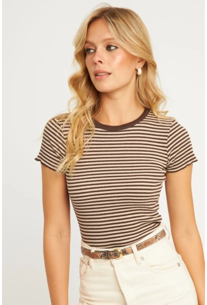 Kadın Ekru-Kahve Çizgili Bluz XL2005