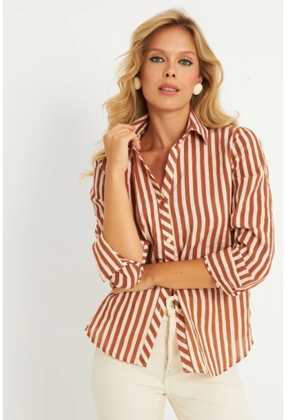 Kadın Ekru-Kahve Çizgili Gömlek KED709