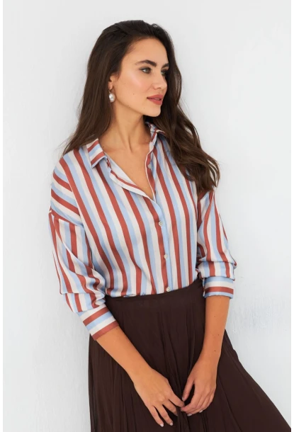 Kadın Ekru-Kahve Çizgili Saten Gömlek SHR9