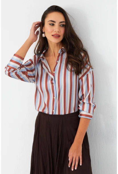 Kadın Ekru-Kahve Çizgili Saten Gömlek SHR9