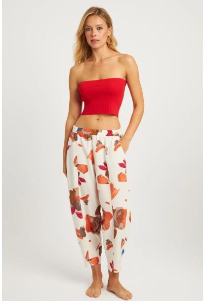 Kadın Ekru-Kahve Desenli Keten Şalvar Pantolon K1253